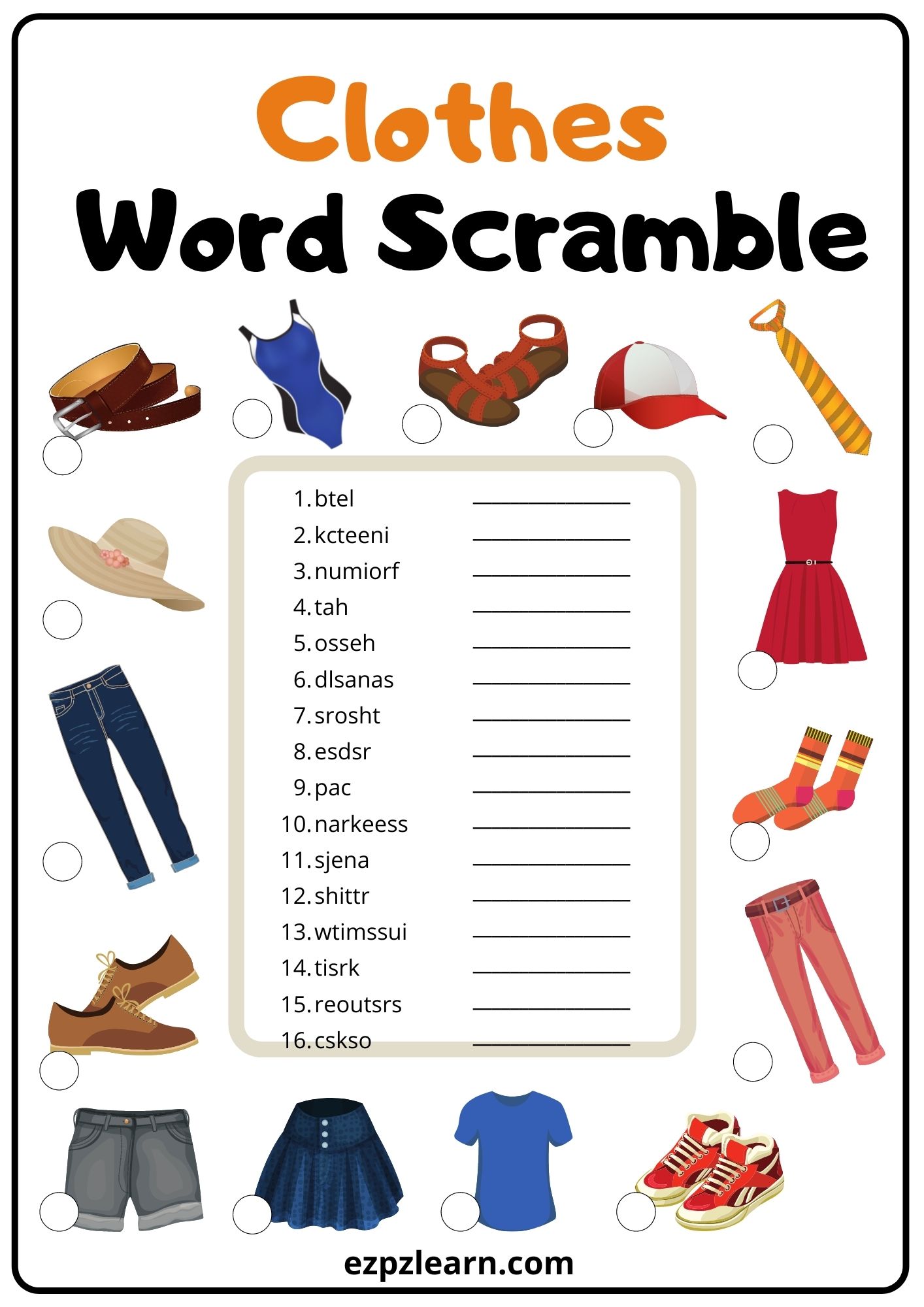 Spanish Clothing Word Search